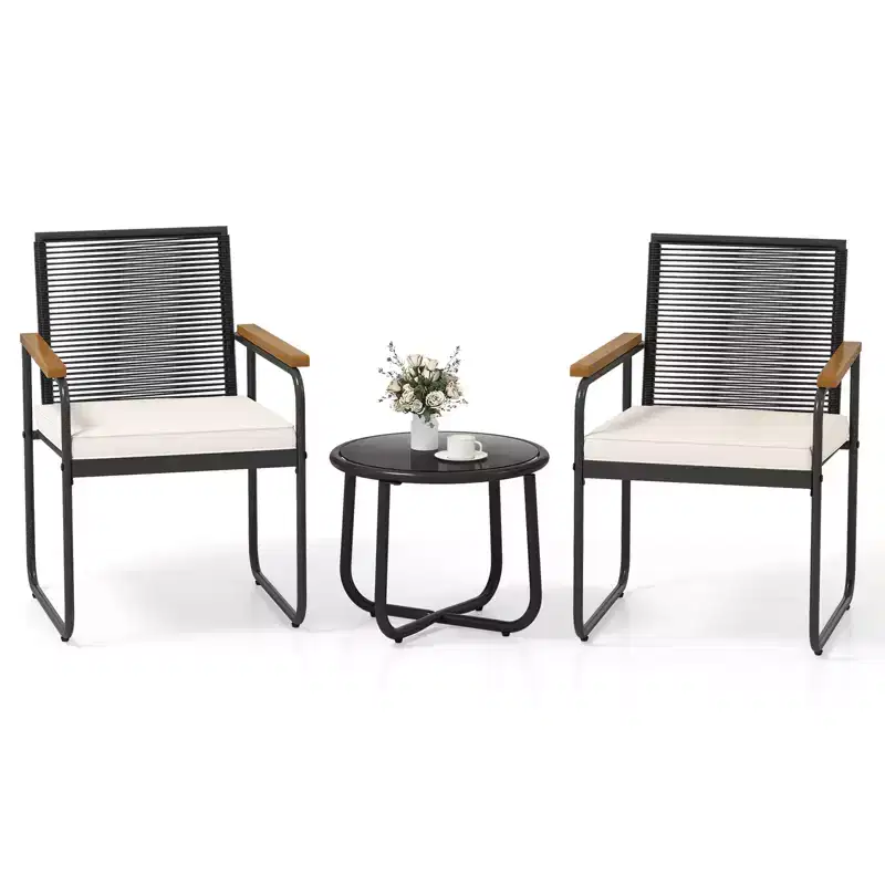 Costway 3 PCS Patio Furniture Set with Round Tempered Glass Top Table Armrests & Cushions