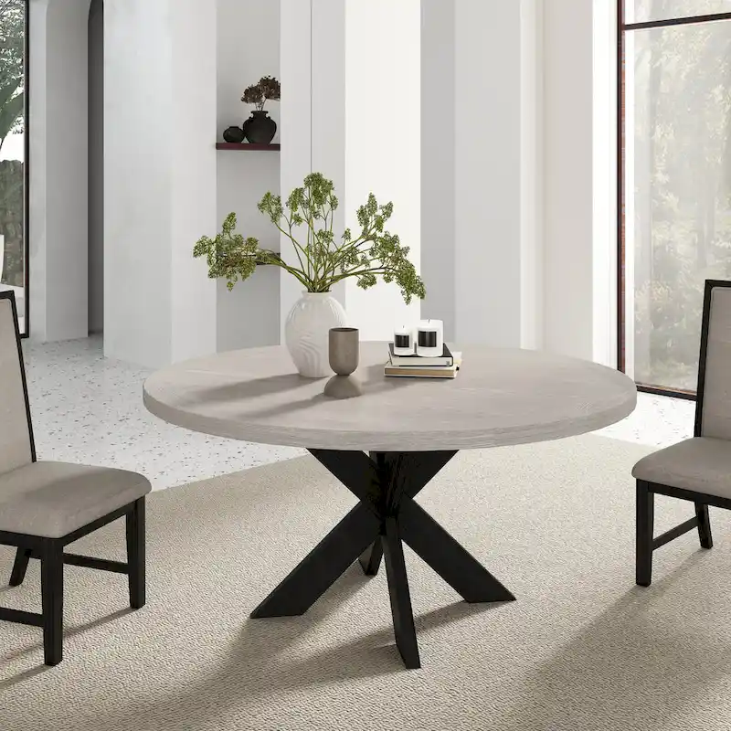 Gray Round Dining Table with Criss-Cross Base, Seats 4