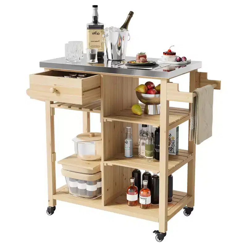 Outdoor Grill Cart Patio Bar Cart Prep Table with Drawer, Towel Racks, Open Shelves, Stainless Steel Top, Wheels, Portable Kitchen Rolling Island