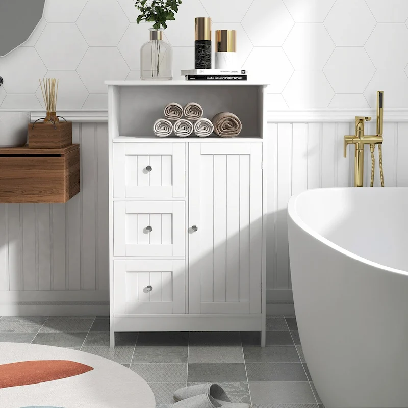 Standing bathroom storage cabinet with 3 drawers and 1 door