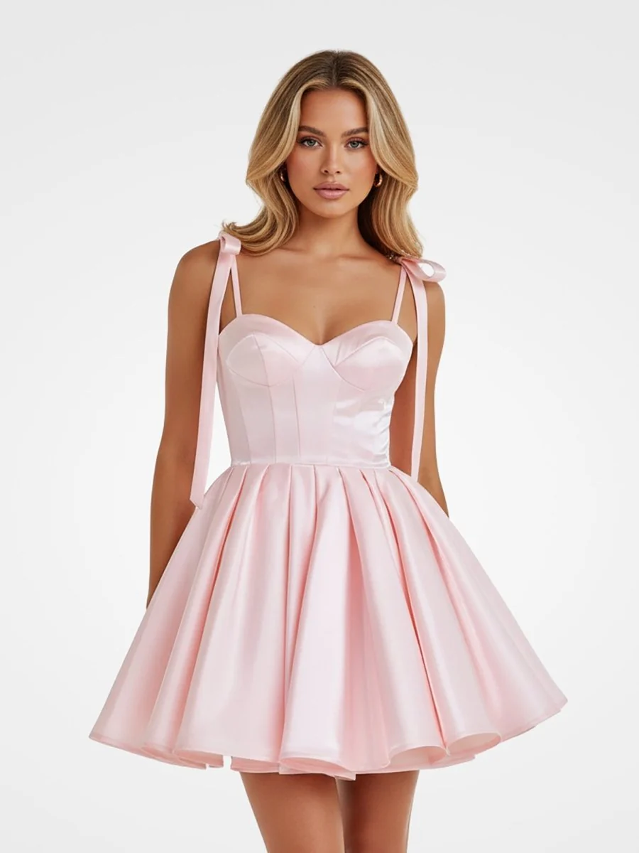 Pink - Spaghetti Straps Satin Pleated A Line Homecoming Dresses With Bow