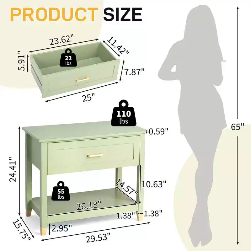 Karl Home Light Green P2 MDF Nightstand 1 Drawer 1 Shelf 29.5 Inch