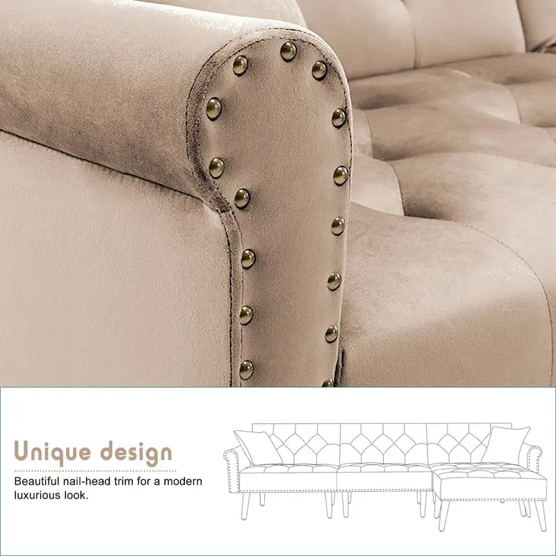 Convertible Velvet Sofa Couch, Sectional Sofa with Ottoman, Mid-Century Futon Sofa Bed - 32D x 100.7W x 29.9H