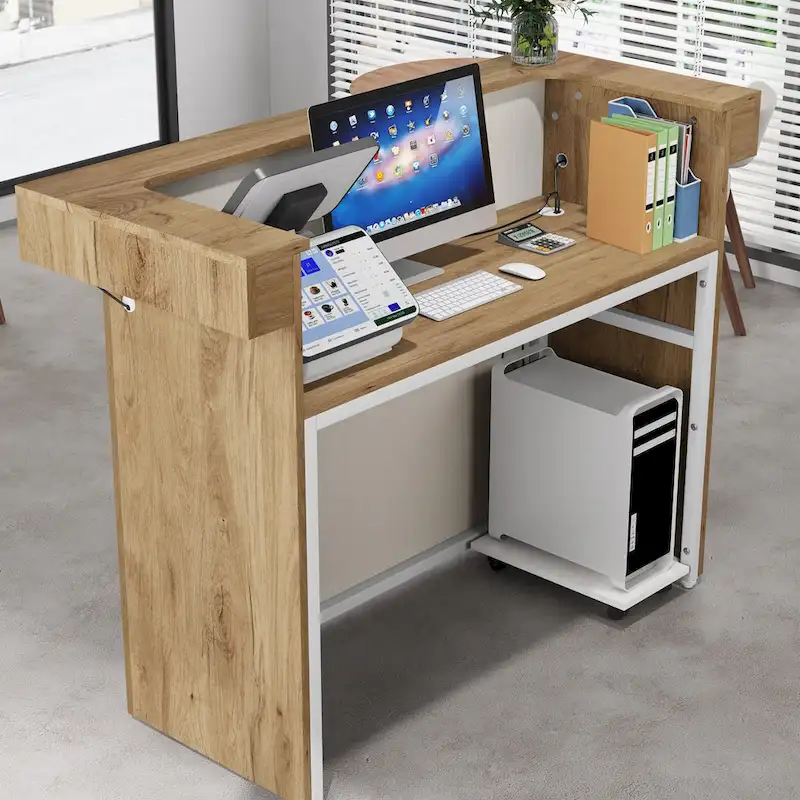 Reception Desk with Light, Modern Front Desk with 2 Grommets