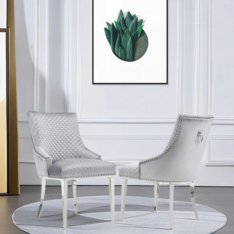 Modern Light Grey Velvet Dining Chairs with Mirrored Silver Legs