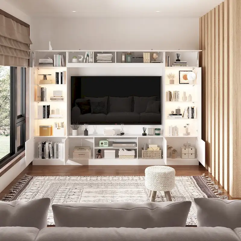 Wall Unit TV Stand with Bookshelves and LED Lighting