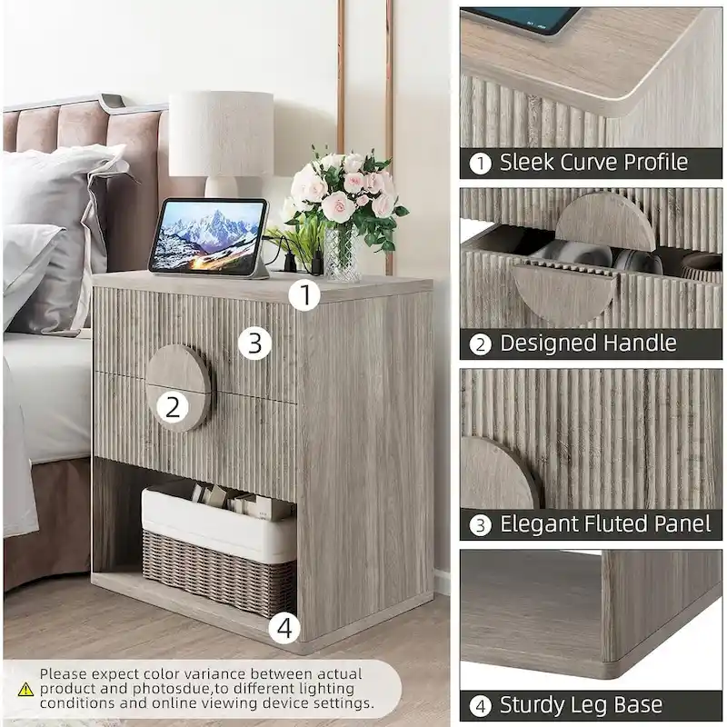White Fluted Nightstand with Drawer, Single-User Bedside Table