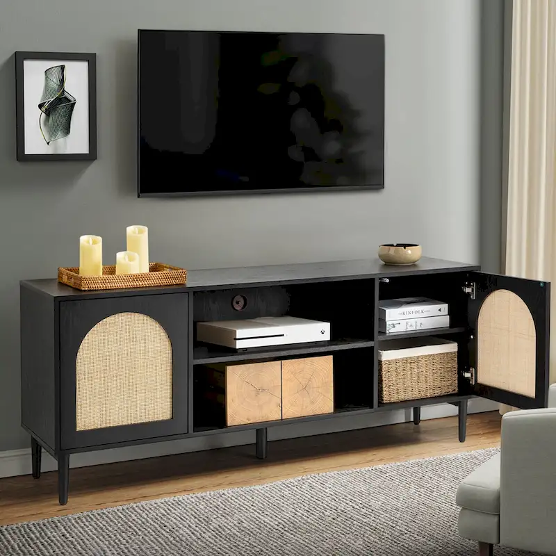 Modern Rattan TV Stand Entertainment Center with Push-to-Open Doors