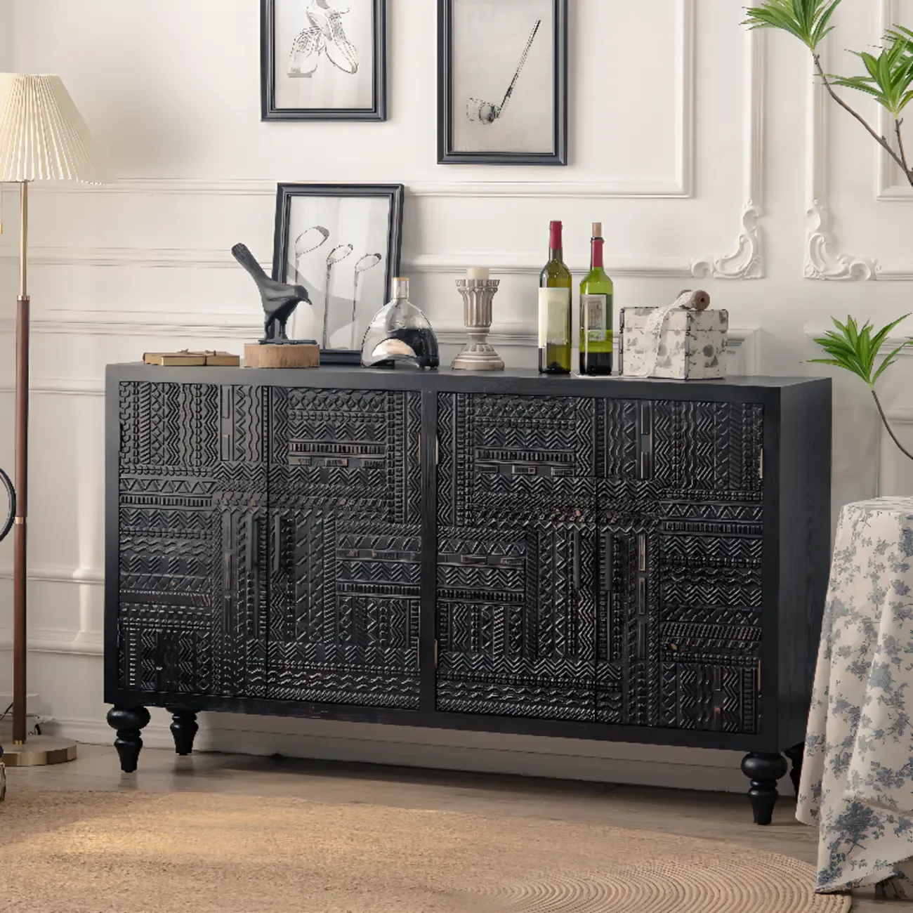 Modern Black Wooden Parlor Intricate Carved Cabinet