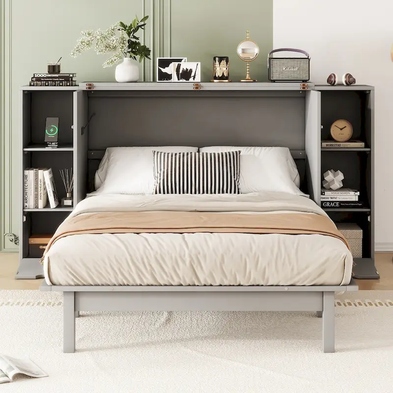 Full Size Murphy Bed with Shelves, Drawers and USB Ports,Gray