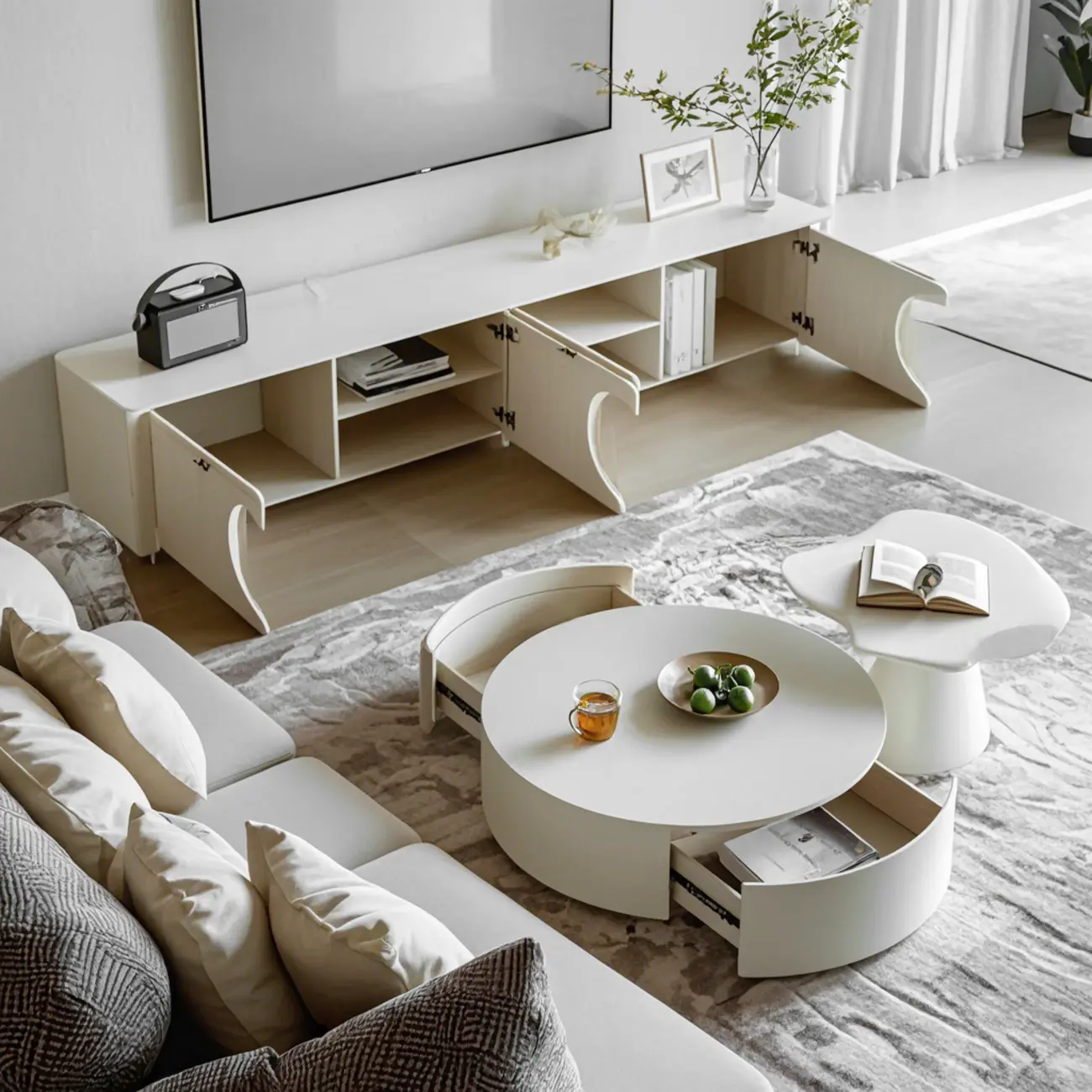 White Round Pedestal Modern Wood Drawer Coffee Table