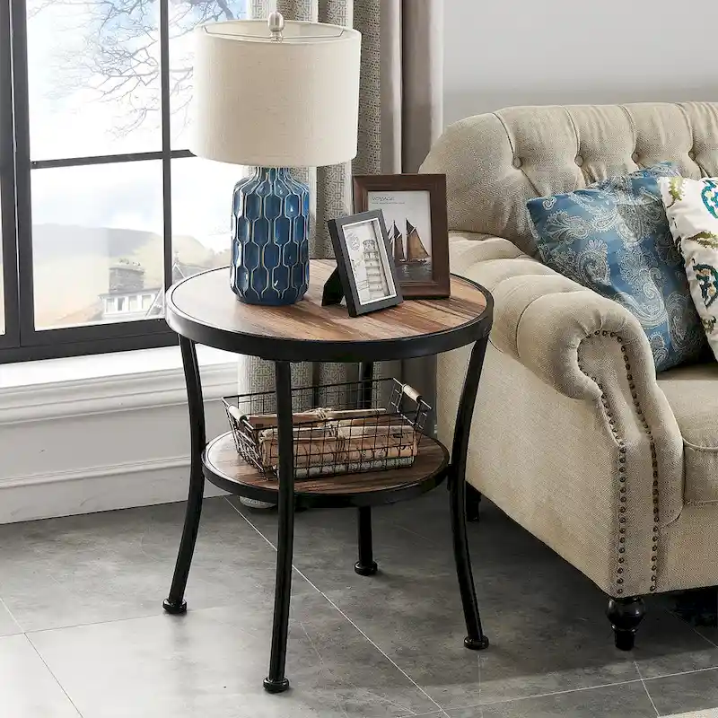 Rustic Round End Table with Storage