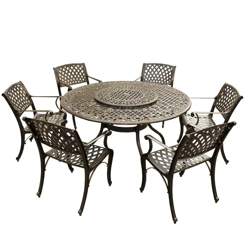 Outdoor Lattice 59 in. Round Dining Set with Lazy Susan and Six Chairs - N/A