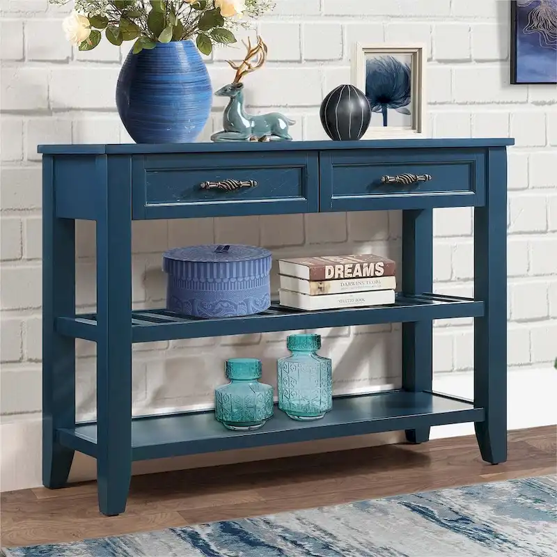 Mid-Century Style Solid Wood Console Table with 2 Storage Drawers and 2 Tiers Shelves