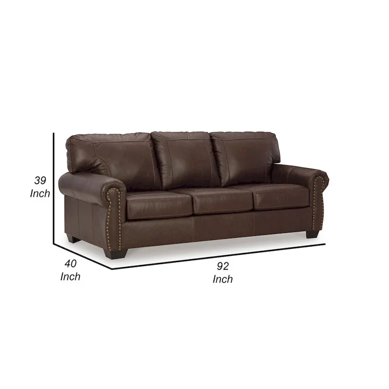 92 Inch Sofa, Nailhead Trim, Cushion Seating, Brown Leather Upholstery