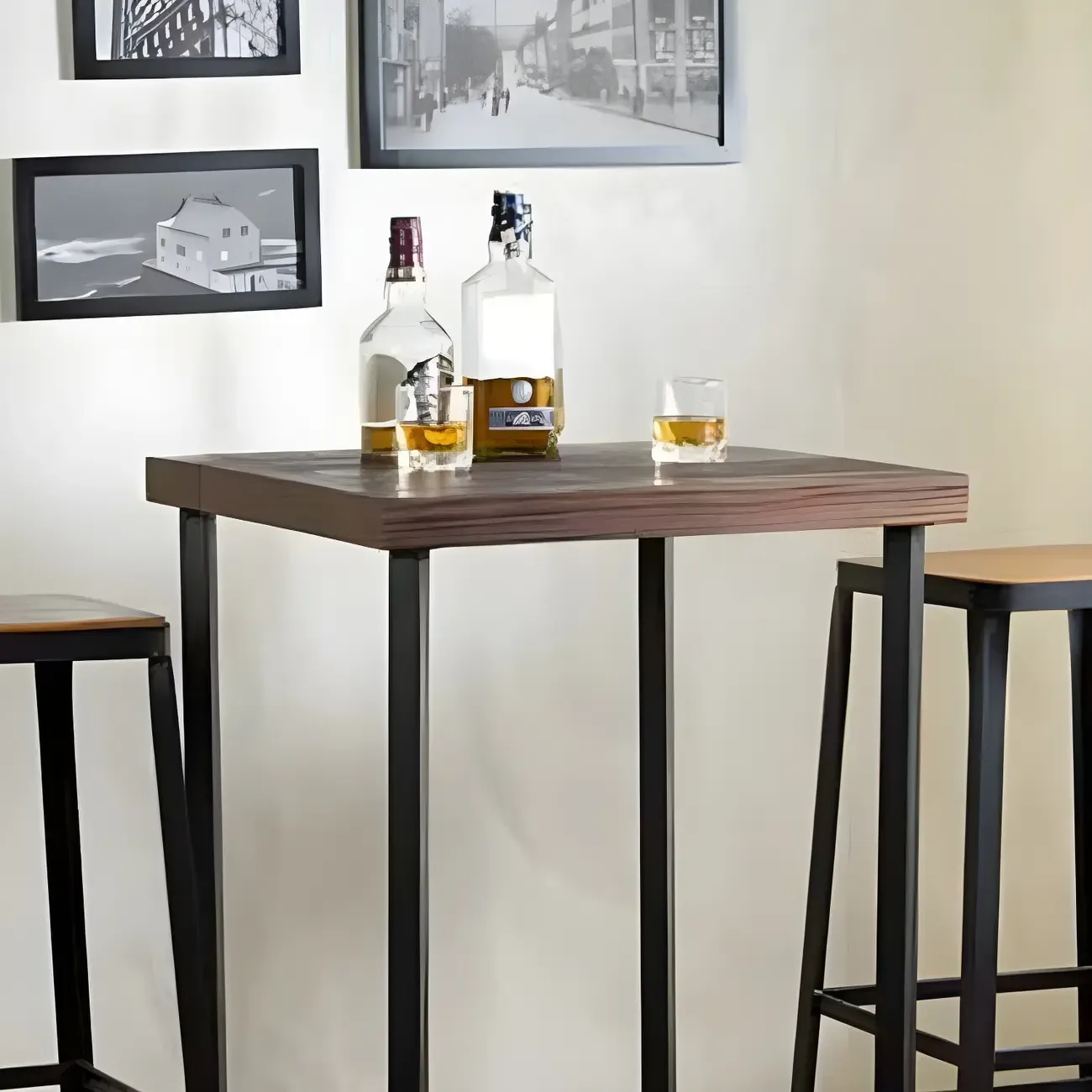 Industrial Square Bar Tables Brown Pine Wood Metal Trestle