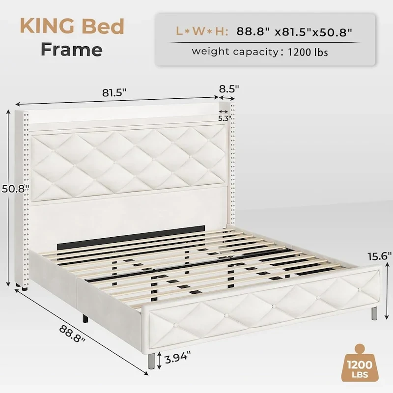 LED Bed Frame with 51.2 Tall Headboard Charging Station
