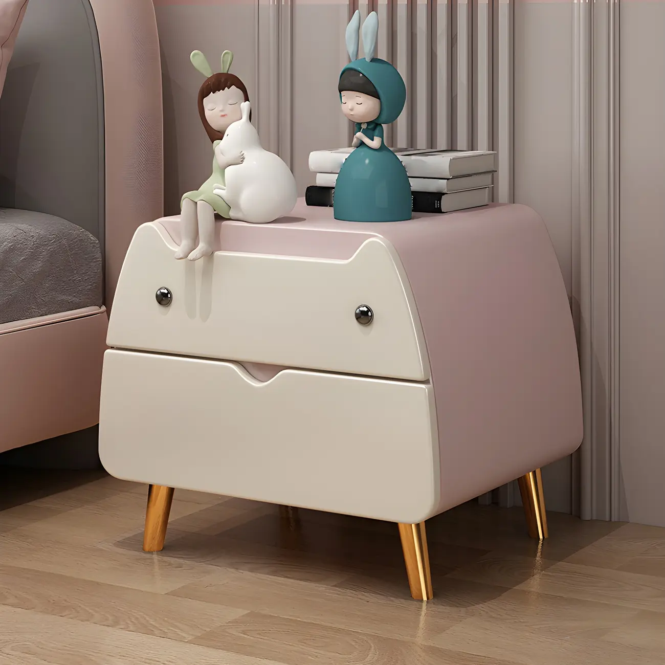 Pink Cute Cat Shape Scandinavian Nightstand with 2 Drawers
