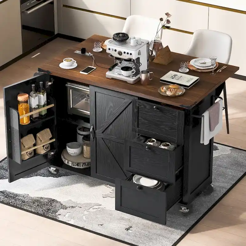 Black / White Farmhouse Rolling Kitchen Island with Drop Leaf, 3 Drawers, Barn Doors & Power Outlet – 1-Piece
