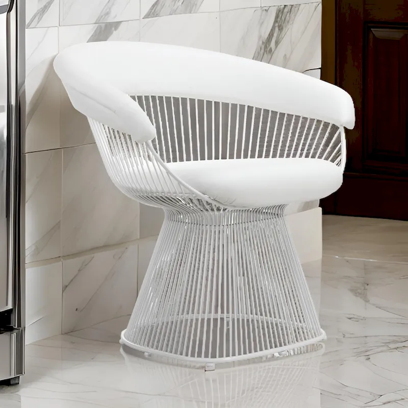 33 Inch Accent Chair, Slatted Metal Curved Back, White Faux Leather