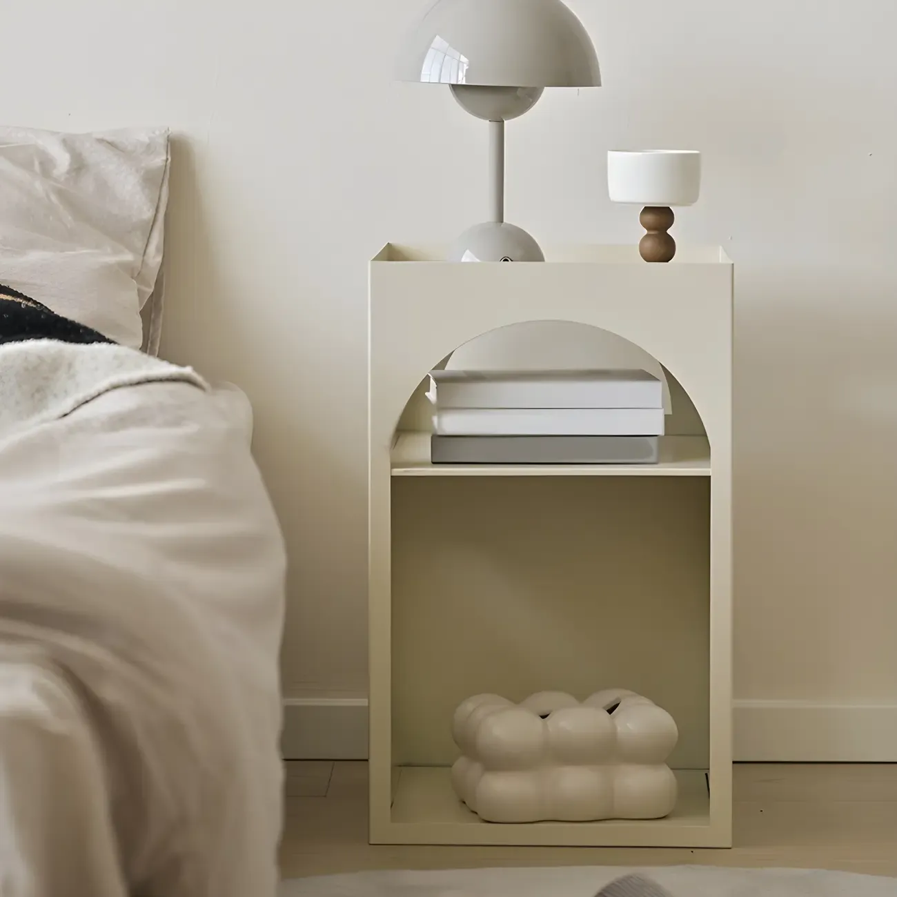 Narrow Cream Yellow Metal Arched Open Storage Nightstand