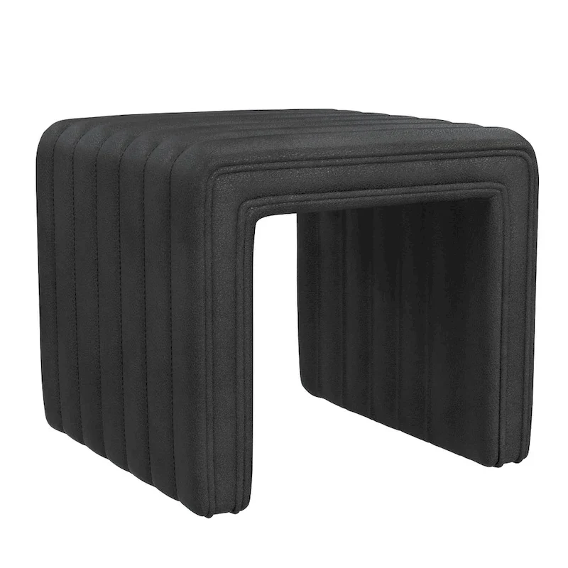 Ada Footstool Ottoman, Channel Tufted Black Faux Leather, 19 Inch