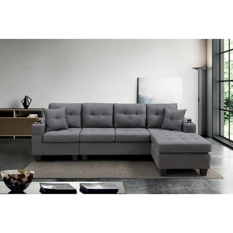 L-Shape Sectional Sofa with Storage Chaise & Cup Holder – Grey / Black, Multi-Seat
