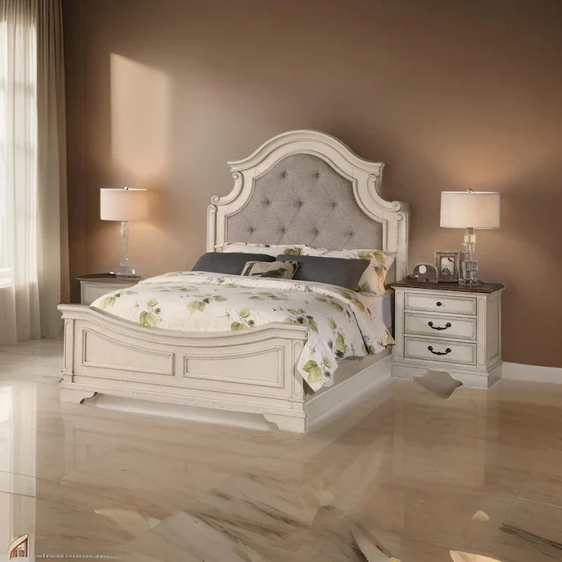 Lupe King Size Bed, Gray Upholstered Scalloped Frame, Antique White Finish