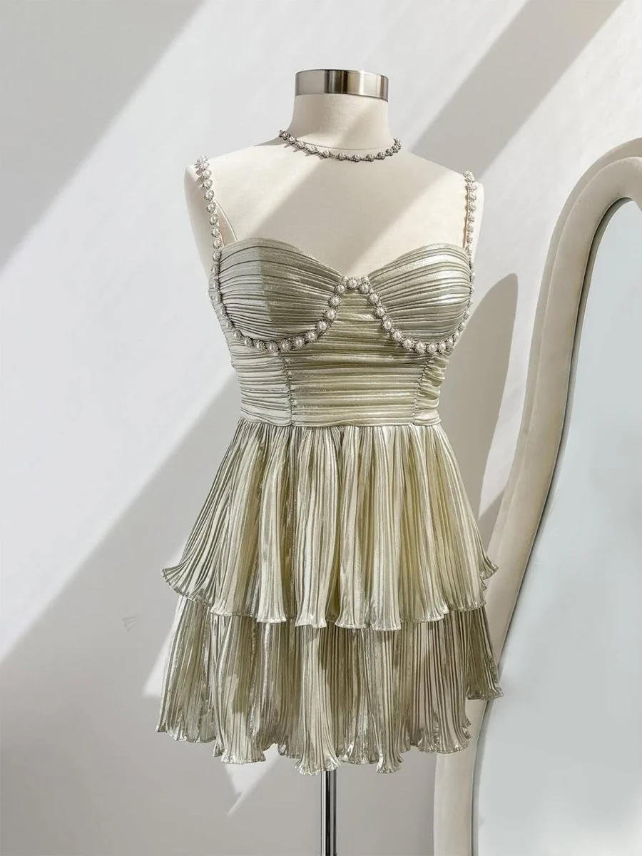 Gold - Spaghetti Straps A Line Metallic Pleated Short Homecoming Dresses With Beading