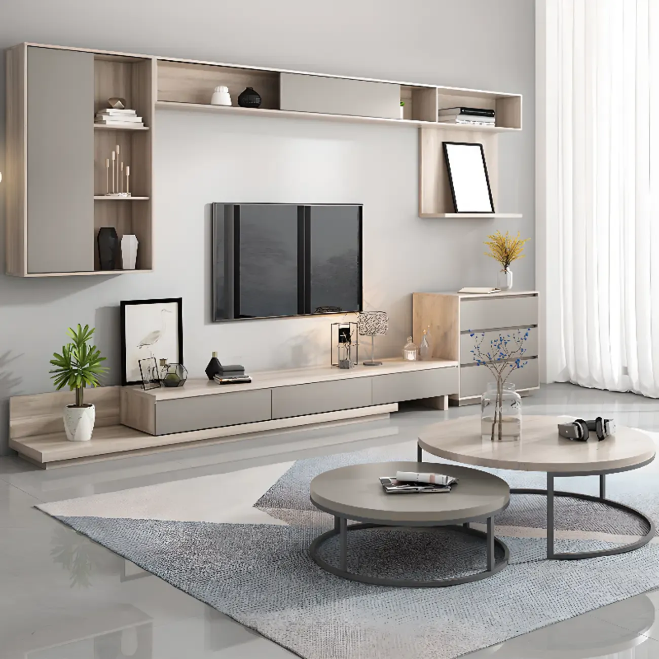 Wooden Scandinavian TV Stand with Storage Shelves