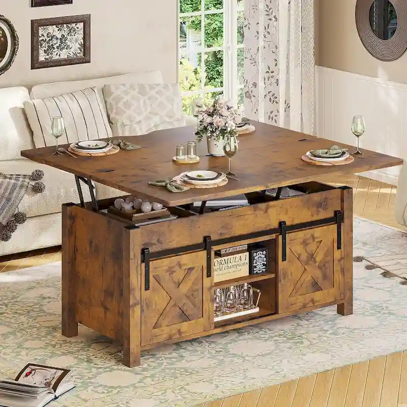 Brown/Grey/Antique White Farmhouse Lift-Top Coffee Table with Storage, Seats up to 8