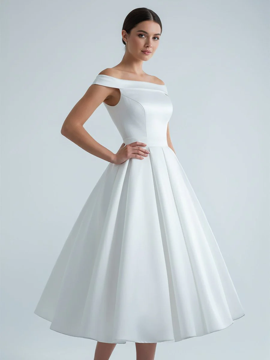 Sleeveless Tea-Length Satin Wedding Dress With Sash And Off-The-Shoulder Neck