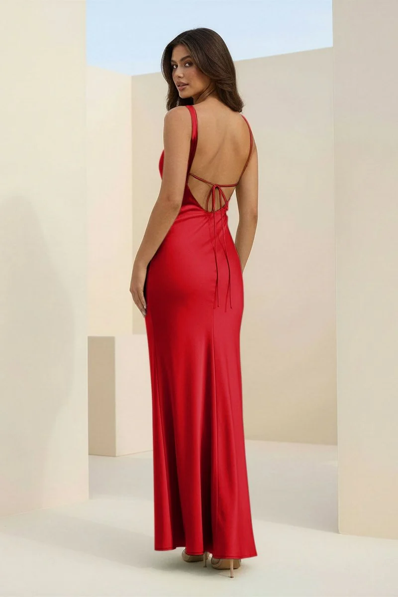Red Cowl Neck Sleeveless Sheath Satin Backless Long Prom Dresses