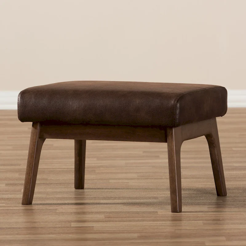 Brown Faux Leather Ottoman with Wood Legs