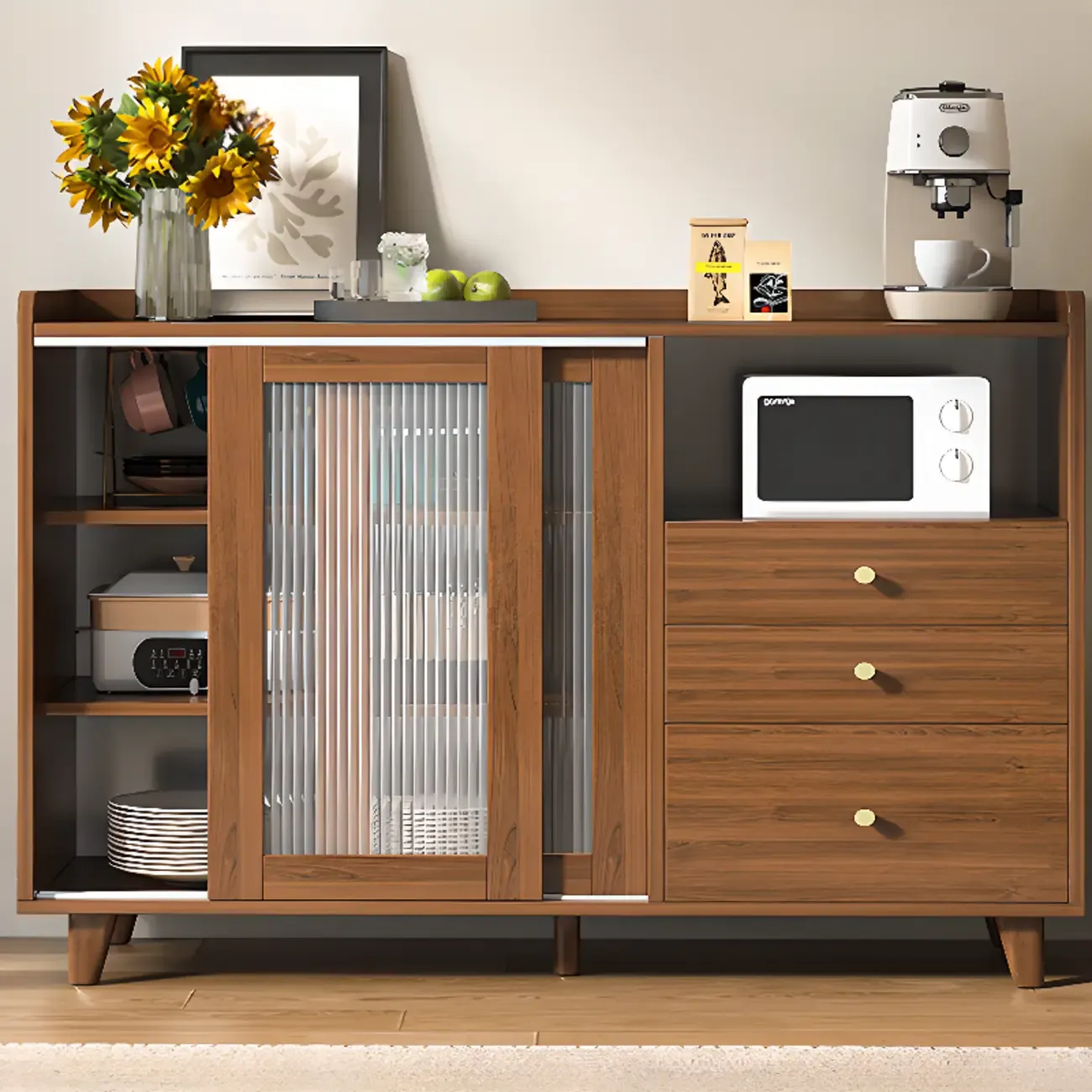 Modern Wood Buffet with Sliding Doors and Drawers