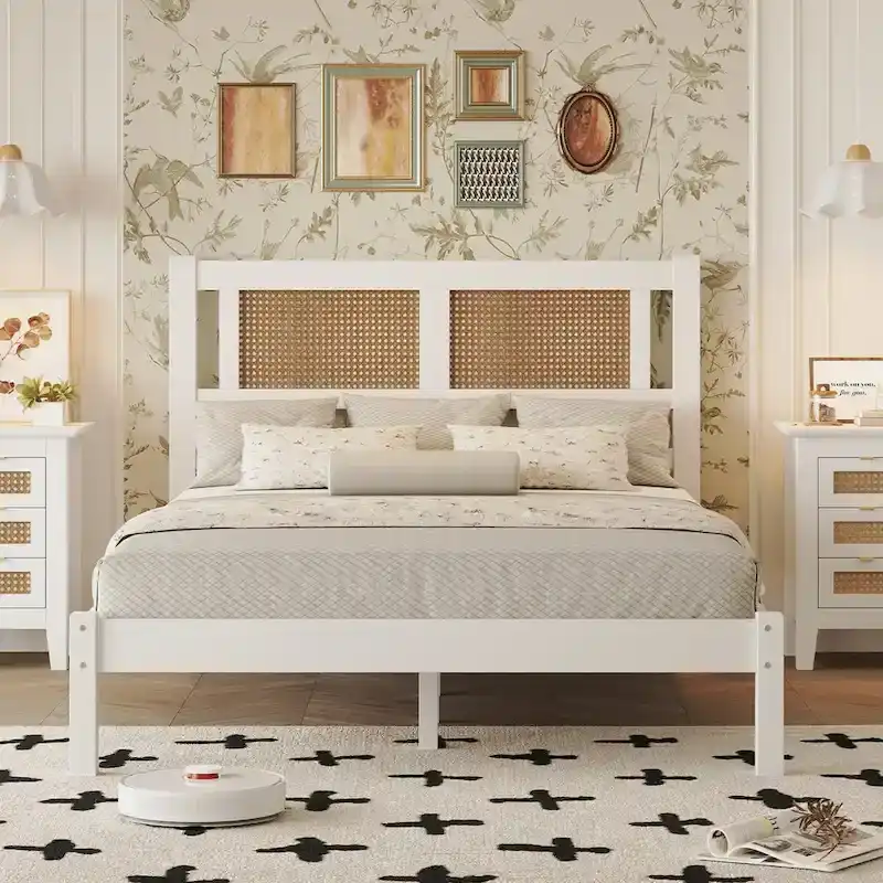Wood Platform Bed with Rattan Headboard – White / Black, Bohemian Style