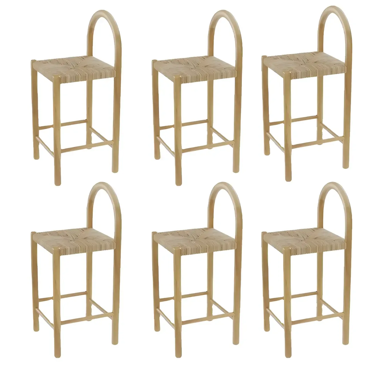 Rustic Wood Natural Rattan Bar Stool with Footrest