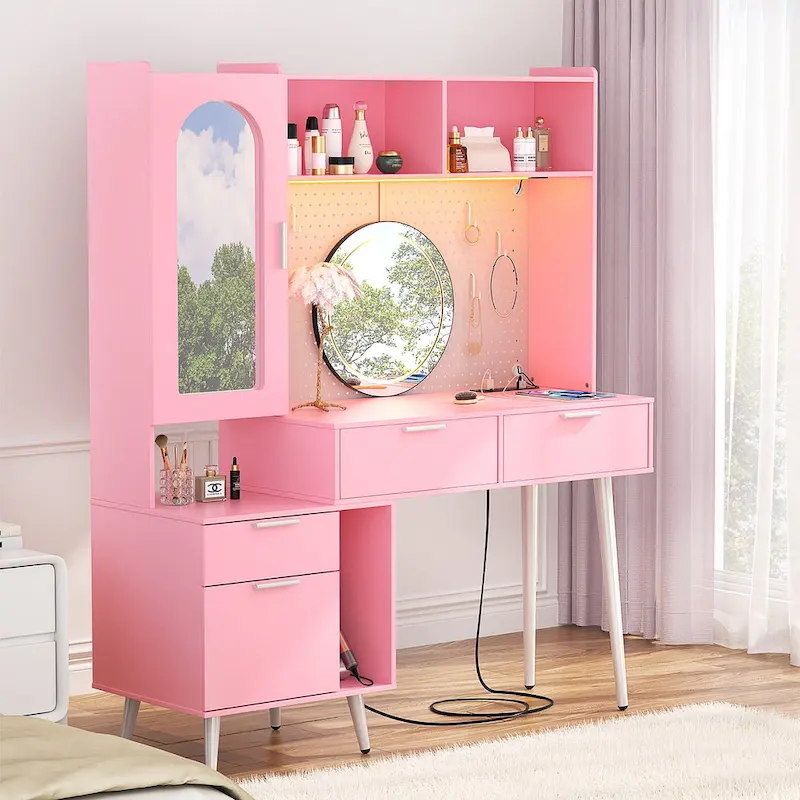 Makeup Vanity with Pegboard and Hutch, Bedroom Vanity Table with Charge Station and LED Light - N/A