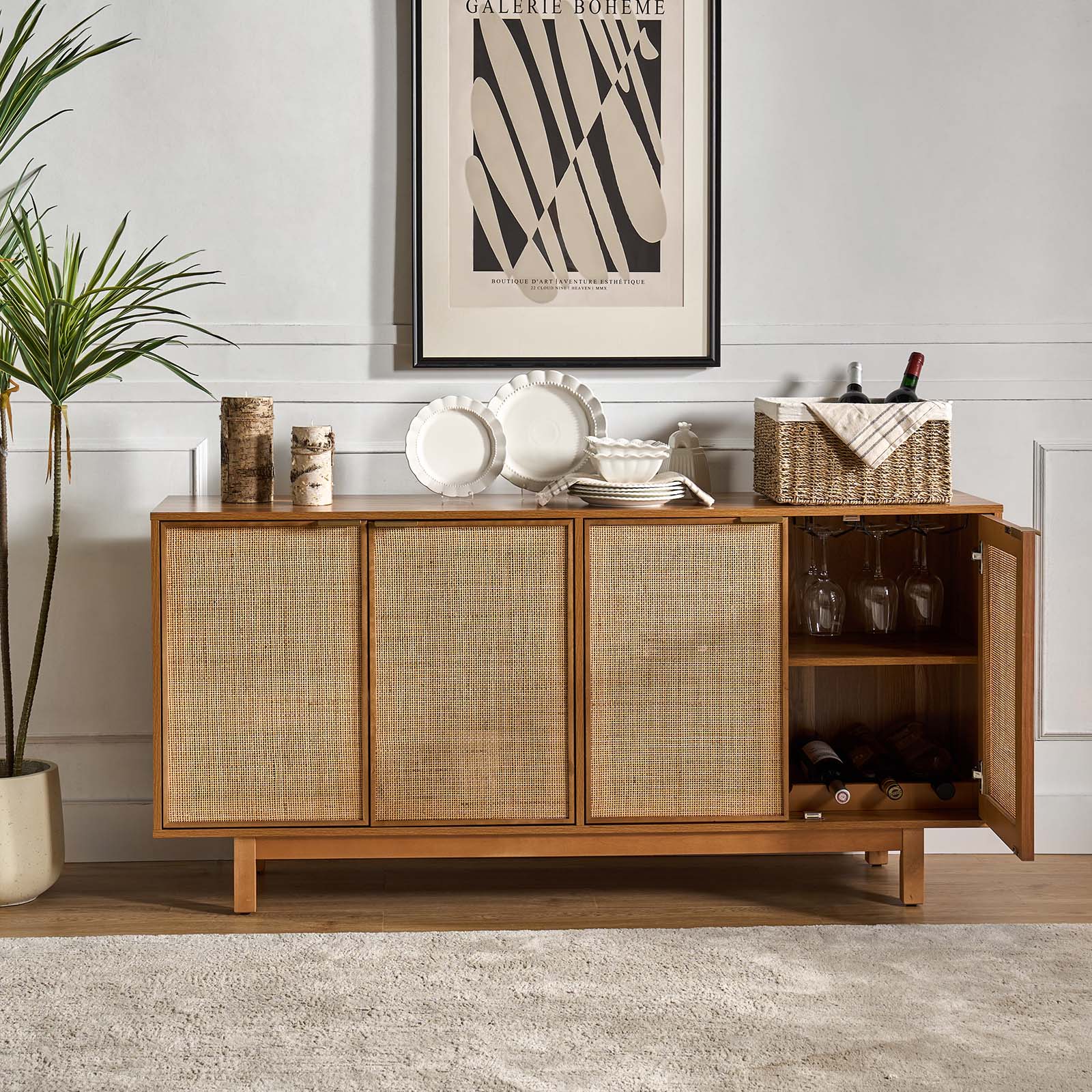 63 in Rattan Mesh 4-Door Sideboard with LED Light, Adjustable Shelf & Cable Management | Black / Walnut | Single
