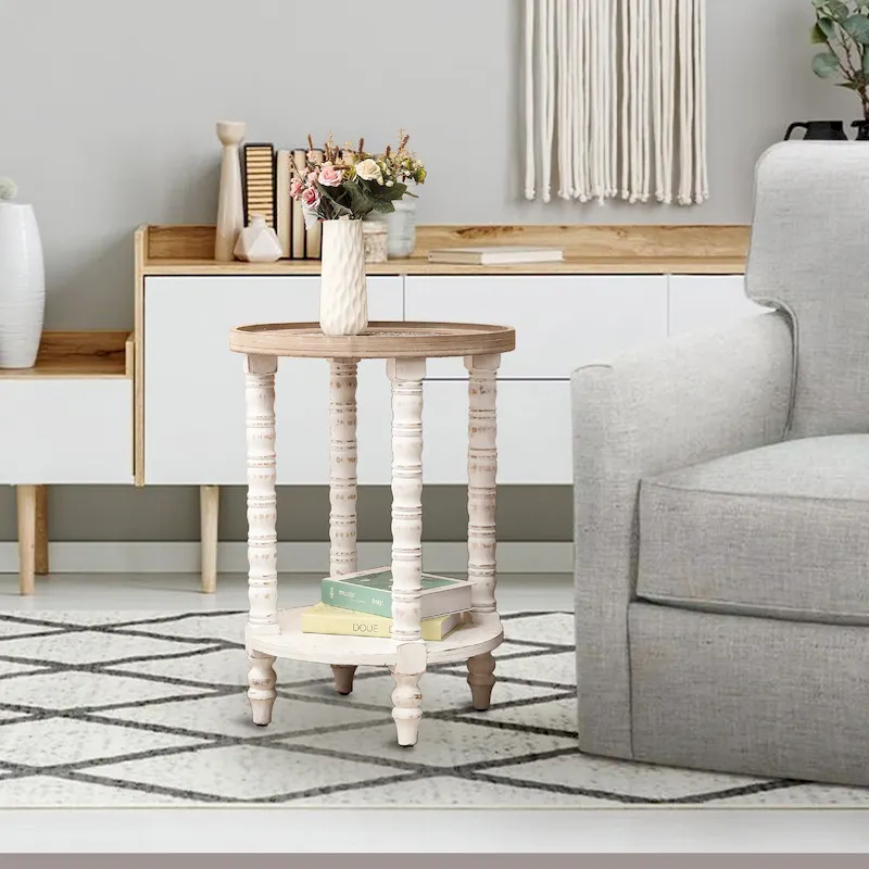 Distressed White & Natural Wood Round Accent Side Table with Storage