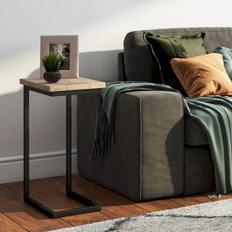 Multi-Finish Industrial C-Shape Side Table with Metal Frame and Mango Wood or Marble Top – 1-Person