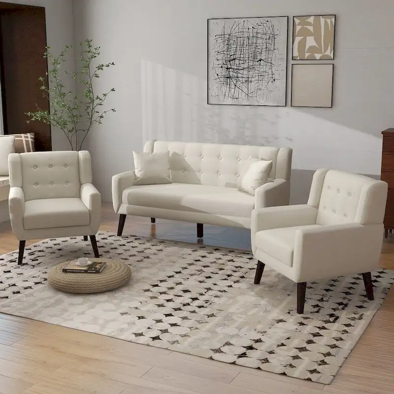Tufted Linen/Cotton Loveseat with 2 Accent Chairs