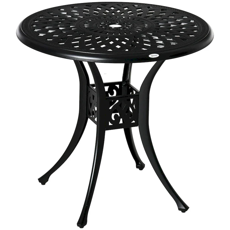 30  Round Patio Dining Table with Umbrella Hole, Antique Cast Aluminum Outdoor Bistro Table Only, Black