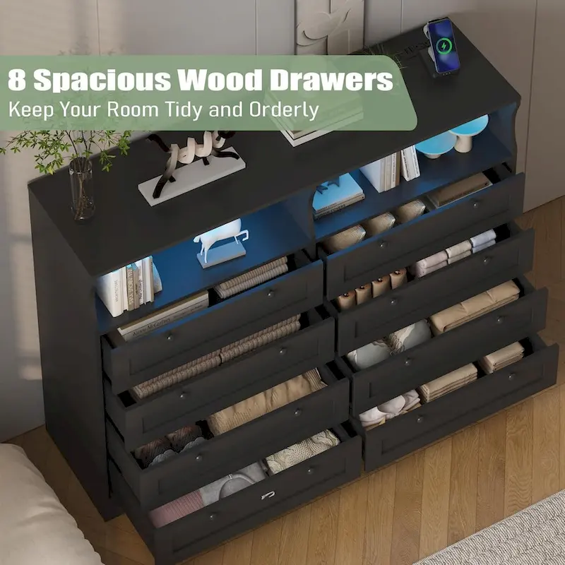Modern Wood Dresser with 8 Drawers, Bedroom Dresser with Charging Station & LED Lights