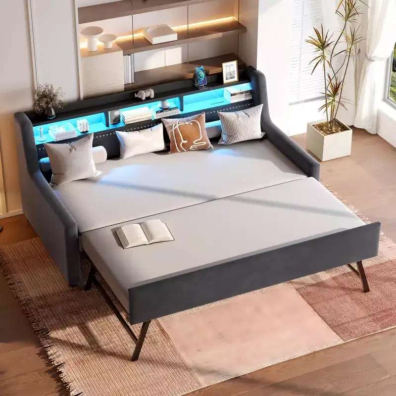 Bellemave Twin upholstered Daybed with Trundle, Storage Headboard, Charging Station & LED, Sofa Bed, Dark Grey
