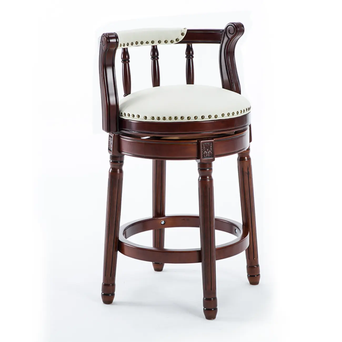 Swivel Counter Height Bar Stools in Genuine Leather & Walnut Solid Wood