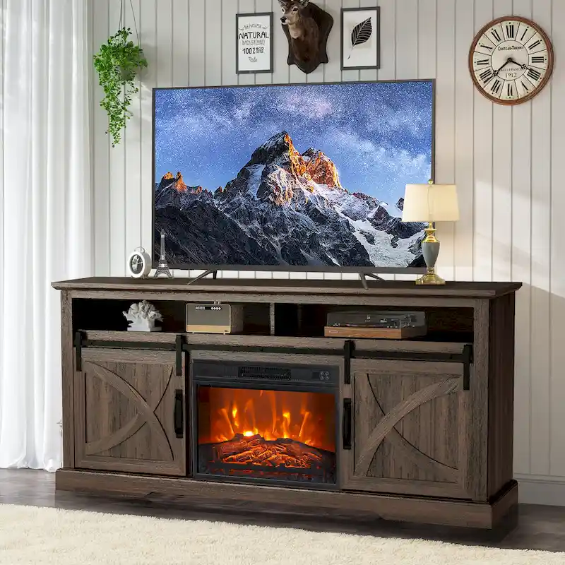 68-Inch TV Stand with Sliding Barn Doors and 23-Inch Electric Fireplace Insert