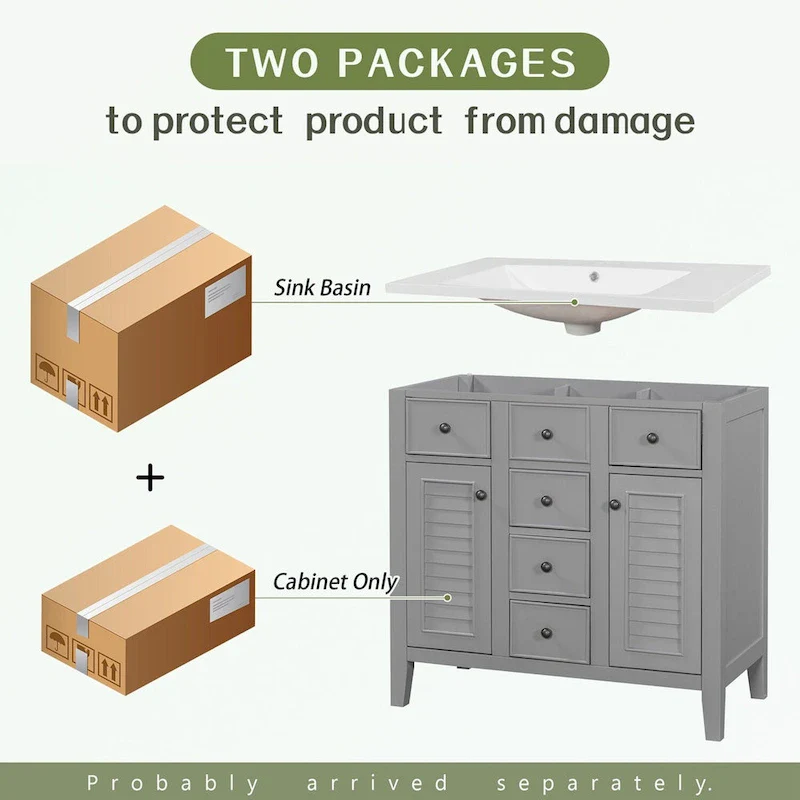 Bathroom Vanity with Ceramic Basin, Two Cabinets and Five Drawers