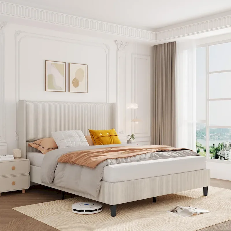 Corduroy Upholstered Bed Frame with Wingback Headboard – Grey / Pink / Off-White, Full / Queen / King, Single