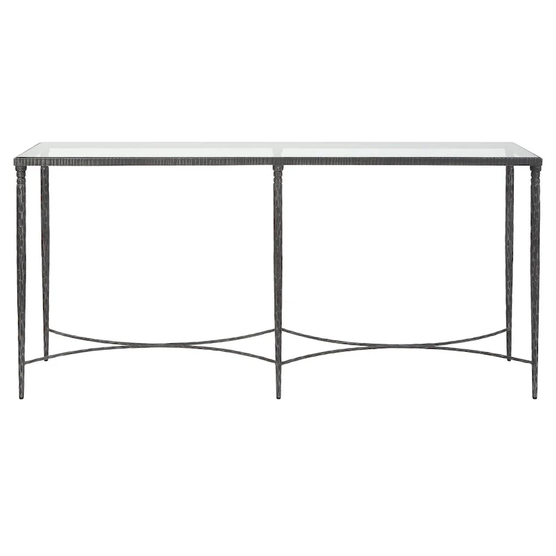 Iron Console Table with Tempered Glass Top, Rustic Black - 63W x 30H x 14D